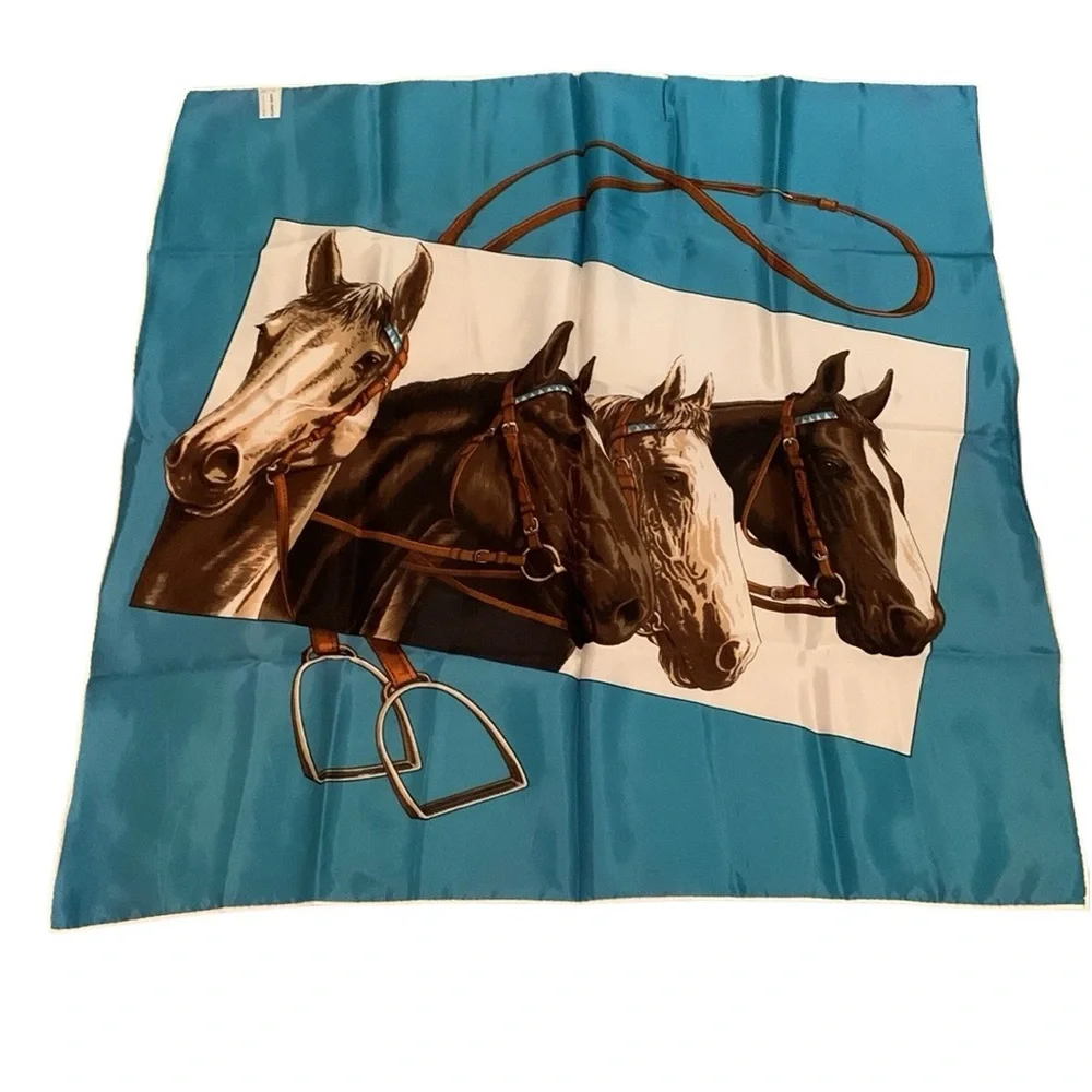 Equestrian Horse Scarf Neckerchief Hand Printed Made In Japan Western Blue Brown